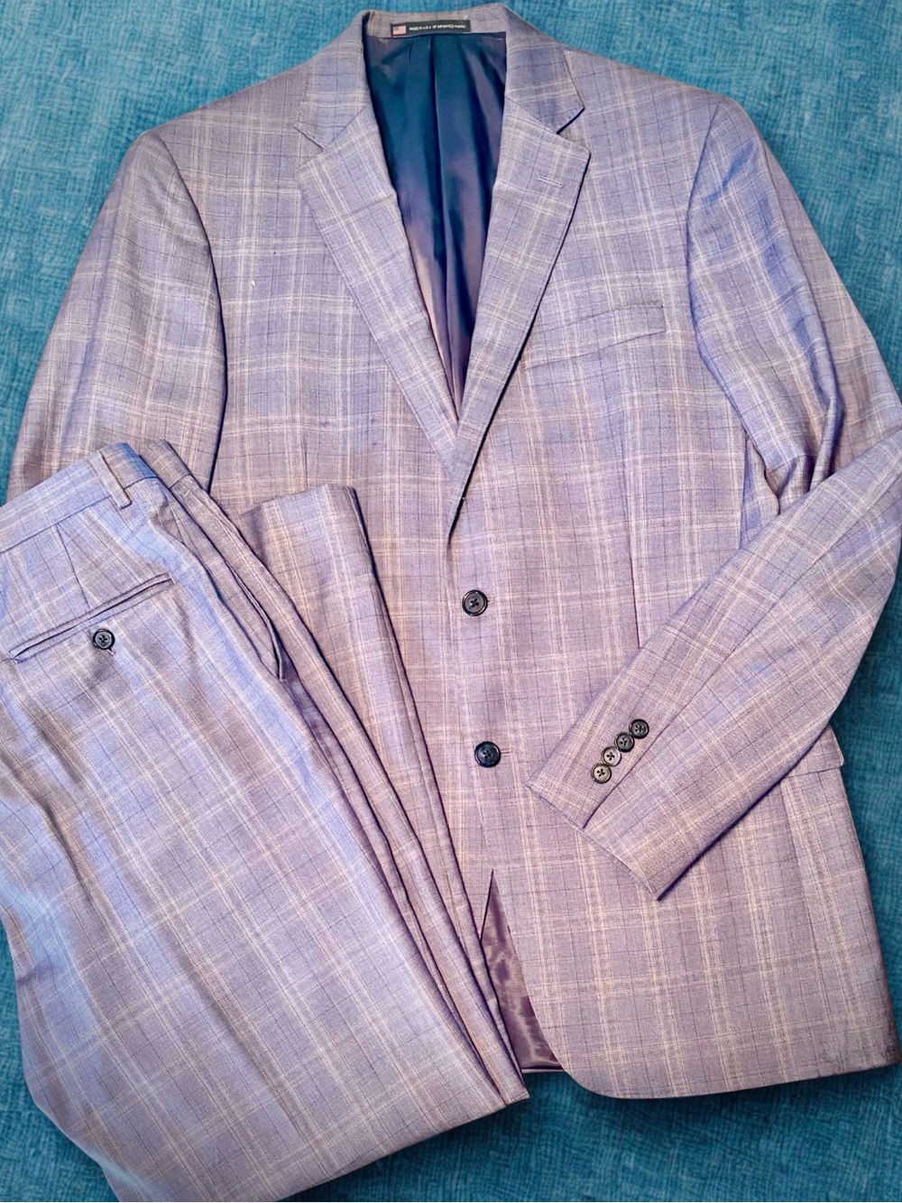 Hart Schaffner Marx 42L 100% Worsted Wool Suit - Gray Blue Windowpane Print